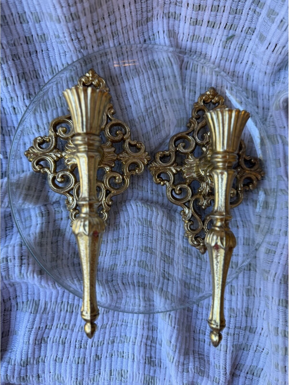 CANDLE HOLDER Pair of Vintage Ornate Gold Wall Sconces with Glass Plates